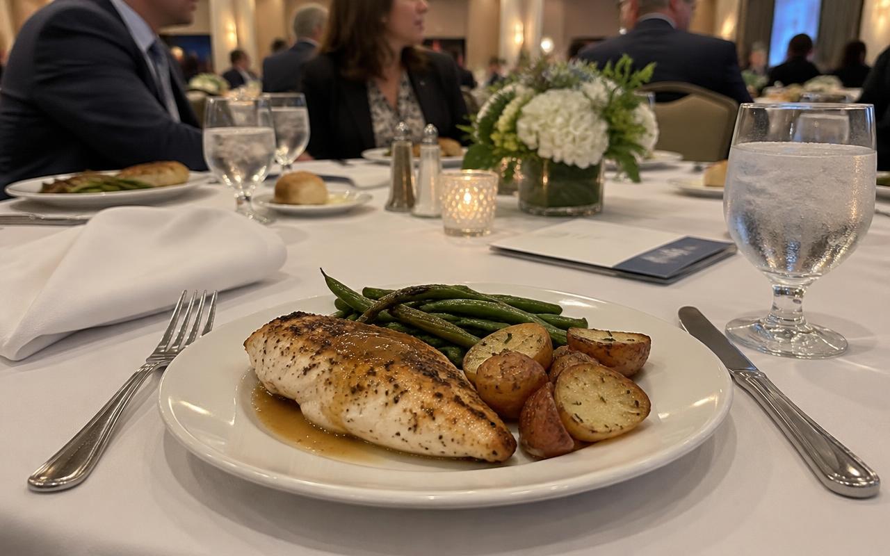 Chicken dinner at a conference banquet table.