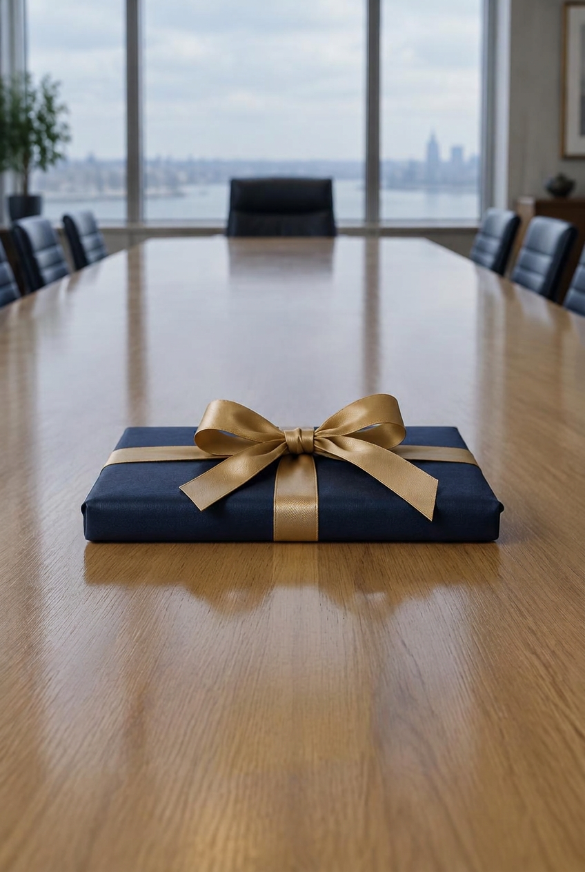 A slim book wrapped in navy paper with a gold ribbon, lying on an empty boardroom table