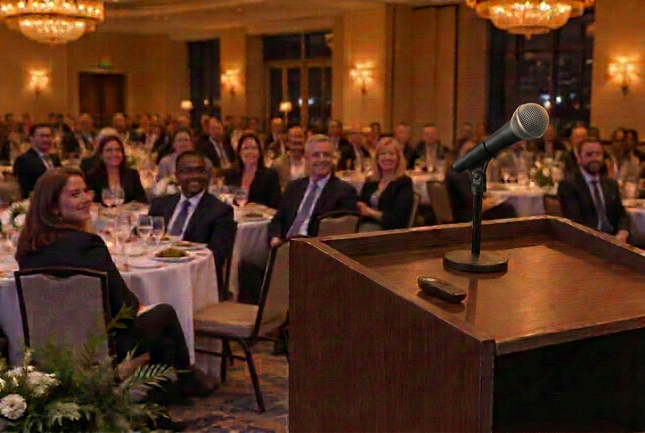 A microphone and wooden podium facing an evening banquet audience.